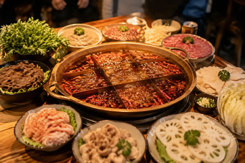 Hot pot de nueve compartimentos servido en Chongqing