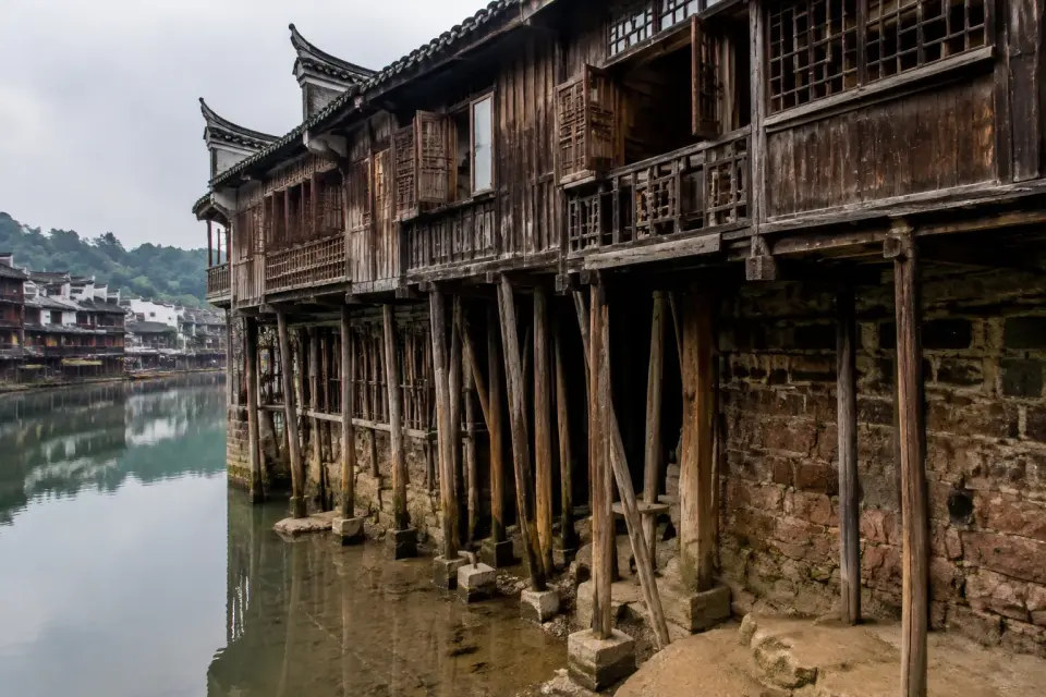 Casas tradicionales diaojiaolou sobre el río Tuo en Fenghuang