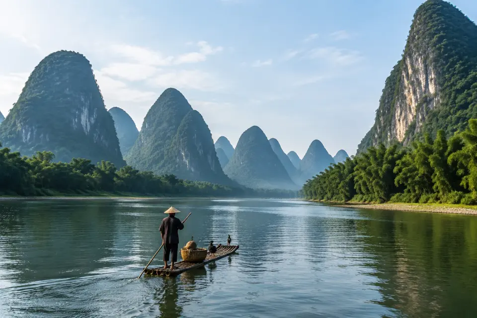 Balsa tradicional navegando entre las montañas kársticas del río Li en Guilin