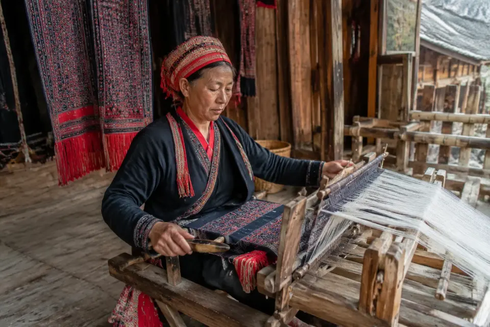 Artesana Red Yao tejiendo un textil tradicional en Longsheng