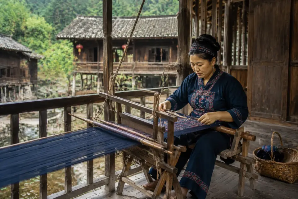 Mujer Tujia tejiendo brocado Xilankapu en Zhangjiajie