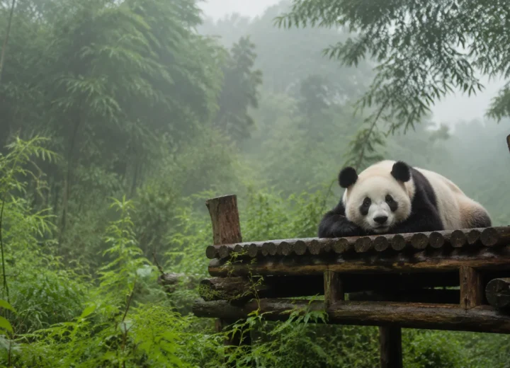 Panda gigante descansando entre bambú en Chengdú