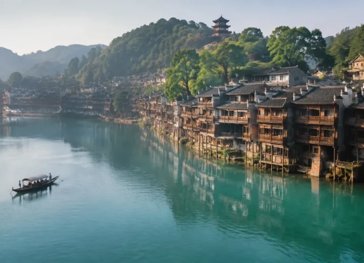 Ciudad antigua de Fenghuang y sus casas diaojiaolou junto al río Tuo