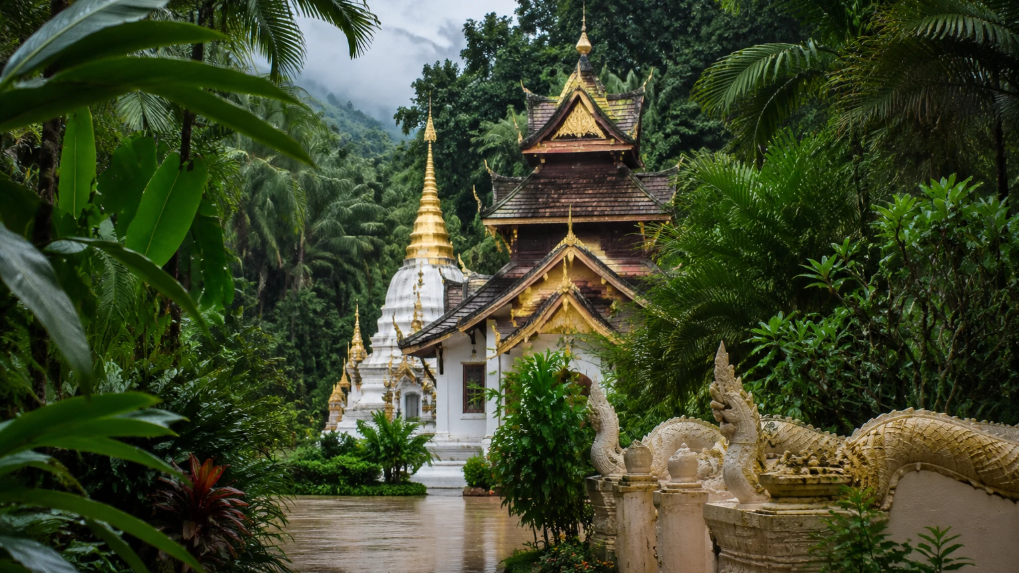 Templo tradicional entre vegetación tropical del Sudeste Asiático